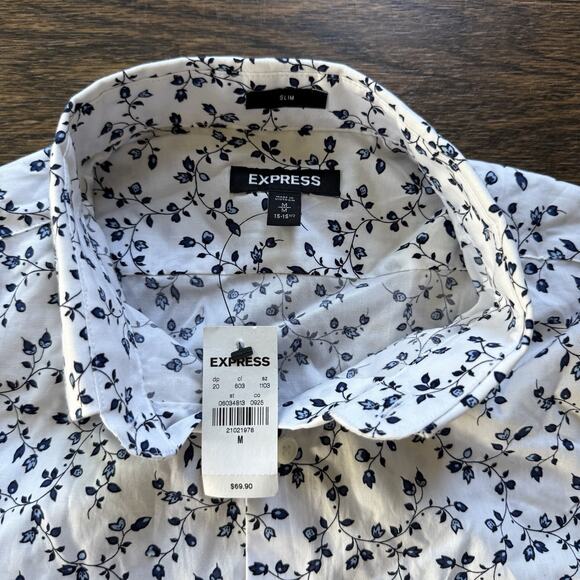Express Women’s Floral Button Down Shirt White Blue Flower Print Slim Fit NWT M - Picture 3 of 5